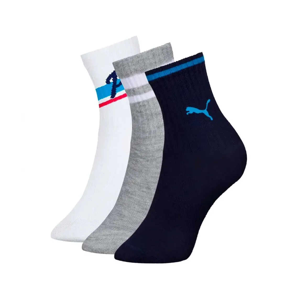 Kit infantil de meias Puma com três pares nas cores branco, cinza e marinho, vista lateral esquerda